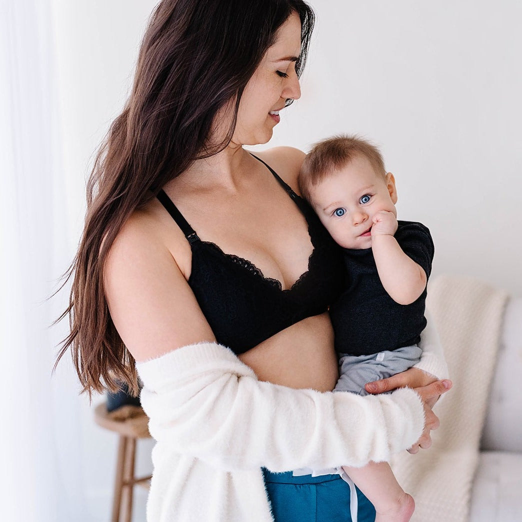 black breastfeeding bra bralette with baby oh la lari