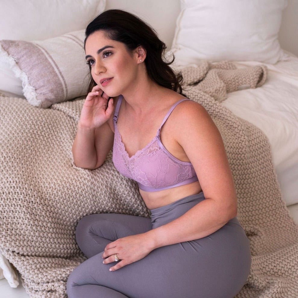 mauve lace nursing bra with grey legging oh la lari