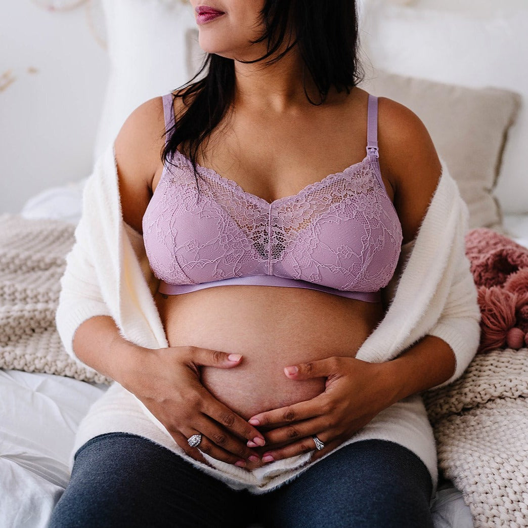 Queen Bee - Karla White Lace Trim Maternity Nursing Bra in Lilac